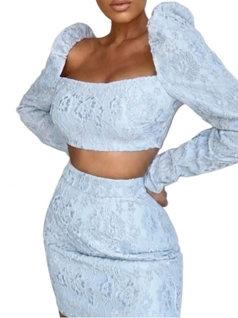 Naked Zebra Blue Lace Dress Set Bridgerton Regency Core Crop & Skirt Size M NWT - Picture 1 of 8